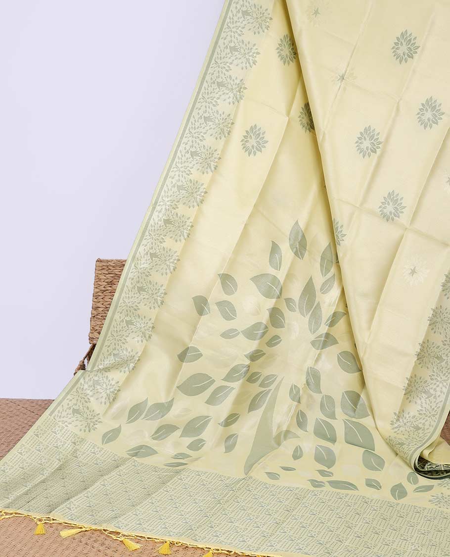 Peach floral printed butter silk saree with self-floral border & intricate design pallu