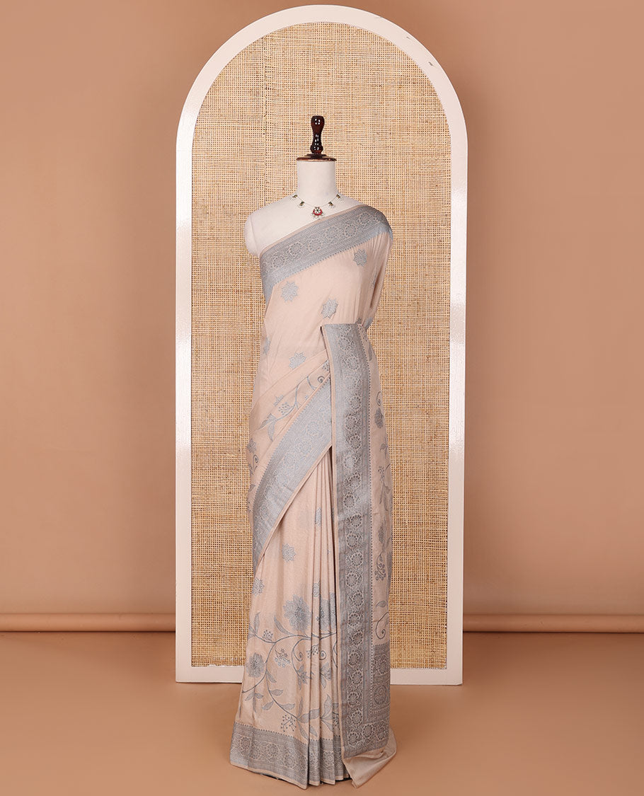 Sandal floral jaal jacquard fancy crepe saree, traditional floral creeper zari border & intricate pallu