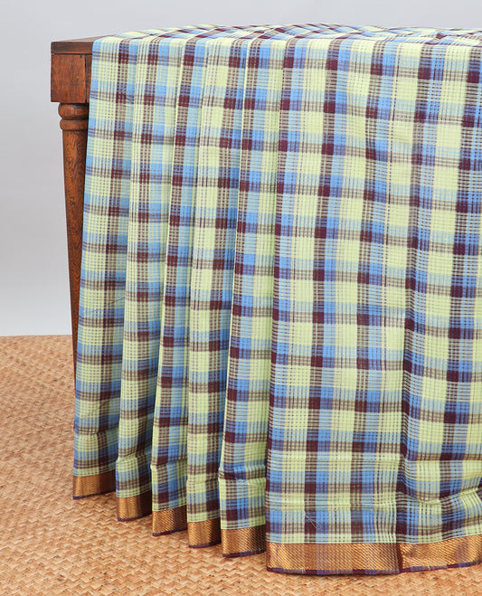multi-color checked mangalagiri cotton saree contrast striped border & checked pallu