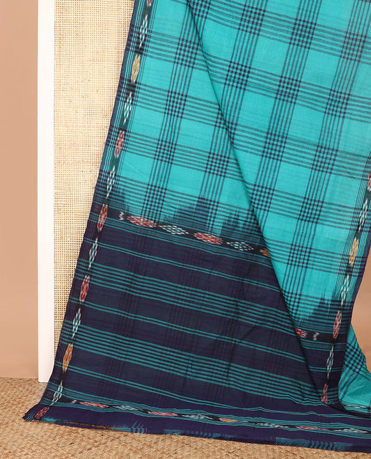 Blue checked Andhra cotton saree, ikkat border, and contrast pallu of stripes