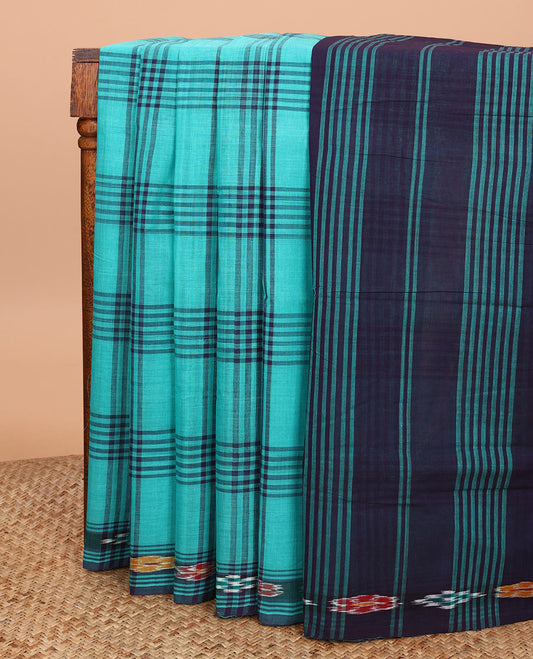 Blue checked Andhra cotton saree, ikkat border, and contrast pallu of stripes