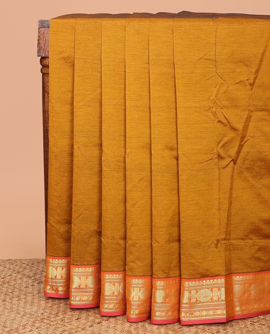 Mustrad Plain Poly Cotton Saree, Complemented by a Contrast Traditional Zari Design Border, Striped Pallu, and Paired with a Contrast Blouse