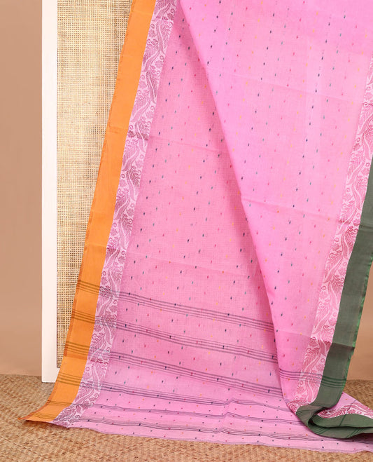 Pink buttas Bengal cotton saree, contrast leaf creeper ganga jamuna border, and pallu of stripes, and buttas