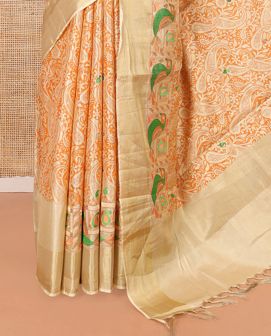 Orange Tissue Cotton Saree, Highlighted by Paisley Print and Paisley-Bird Motifs Embroidery on Its Body, Subtle Bavanji Border, Pallu Mirrors the Same Print, and Paired with a Matching Blouse