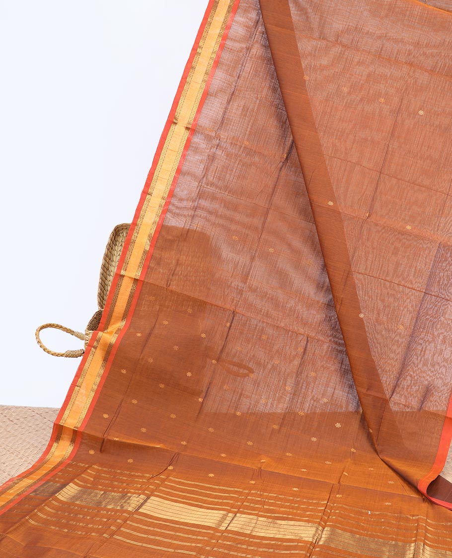 Orange buttas Vengatagiri cotton saree, contrast zari border & zari striped pallu