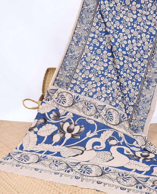 Blue floral vine machine-printed kalamkari cotton saree, floral border & pallu of floral & swam motifs