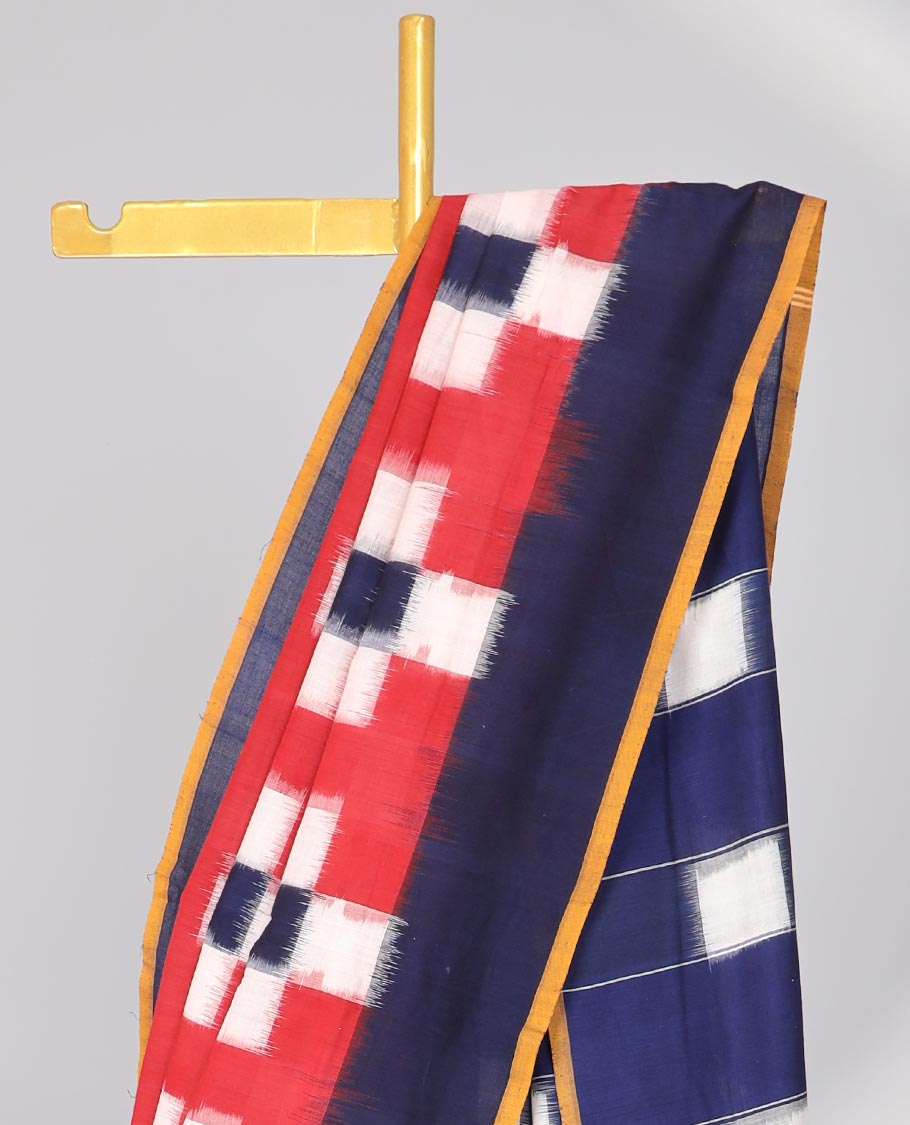 Red geometric design Ikkat cotton saree with contrast plain border & striped and geometric design pallu