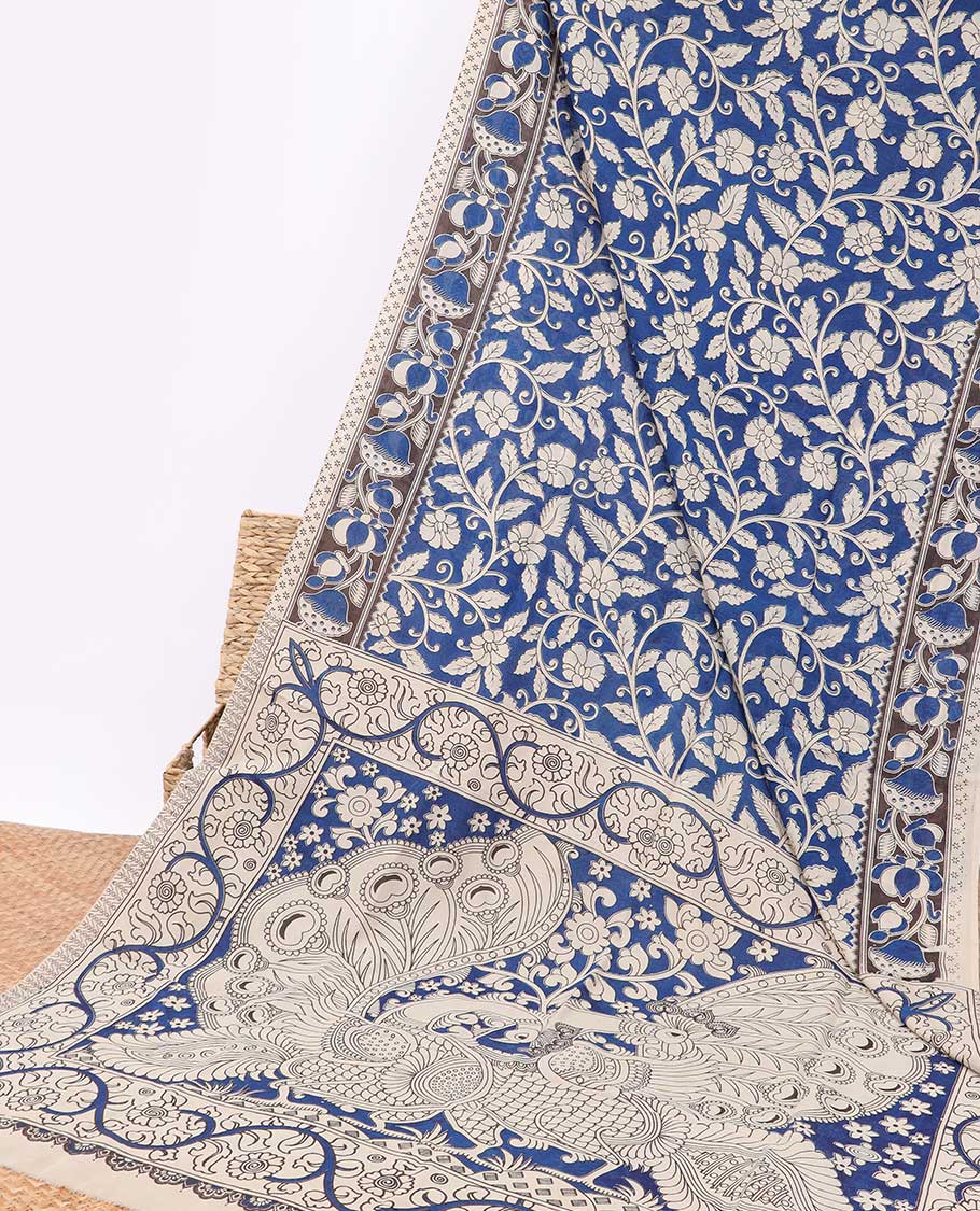 Blue floral design machine-printed kalamkari cotton saree with contrast border & floral, peacock design pallu