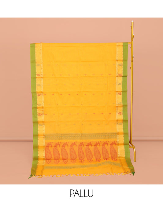 Yellow Kanchi Cotton Saree, Adorned with Buttas All Over Its Body, Complemented by Contrast Border, Pallu of Paisley Designs, and Paired with a Matching Blouse