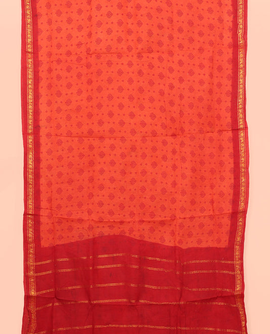 Orange Nine Yard Cotton Saree, Woven with Buttas, Complemented by Contrast Peacock-Paisley Border, Pallu of Stripes, and Comes Without a Blouse