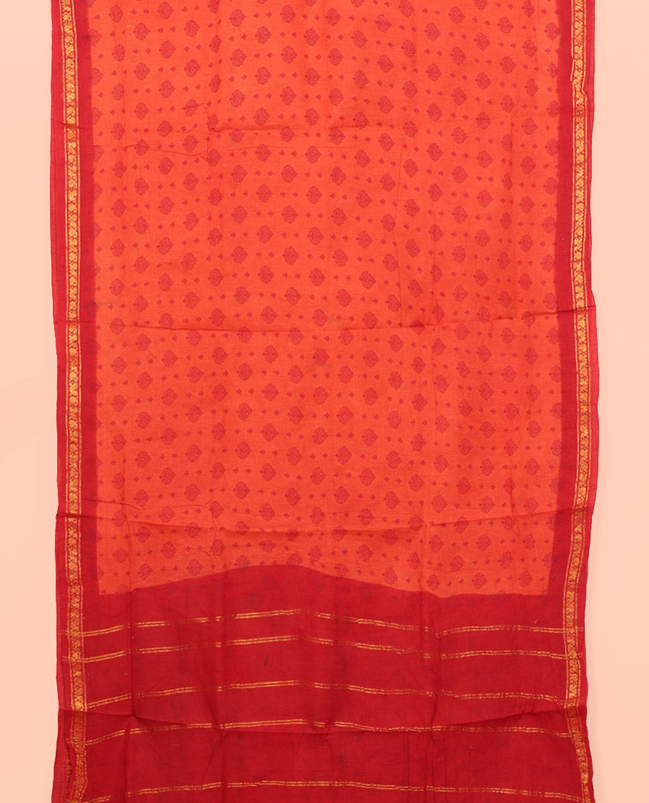 Orange Nine Yard Cotton Saree, Woven with Buttas, Complemented by Contrast Peacock-Paisley Border, Pallu of Stripes, and Comes Without a Blouse