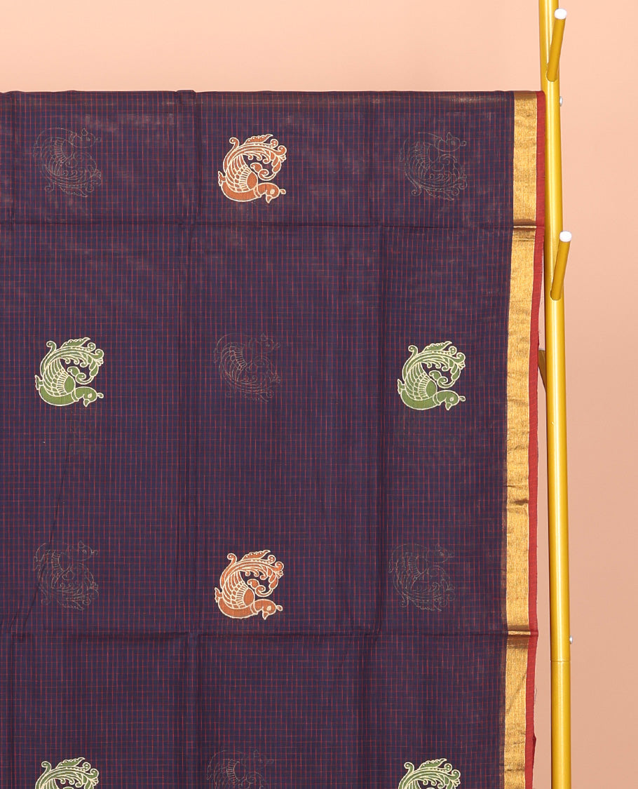 Navy Blue Venkatagiri Cotton Saree, Ornamented with Peacock Buttas and Checks, a Contrast Traditional Zari Border, Pallu of Stripes, and No Blouse