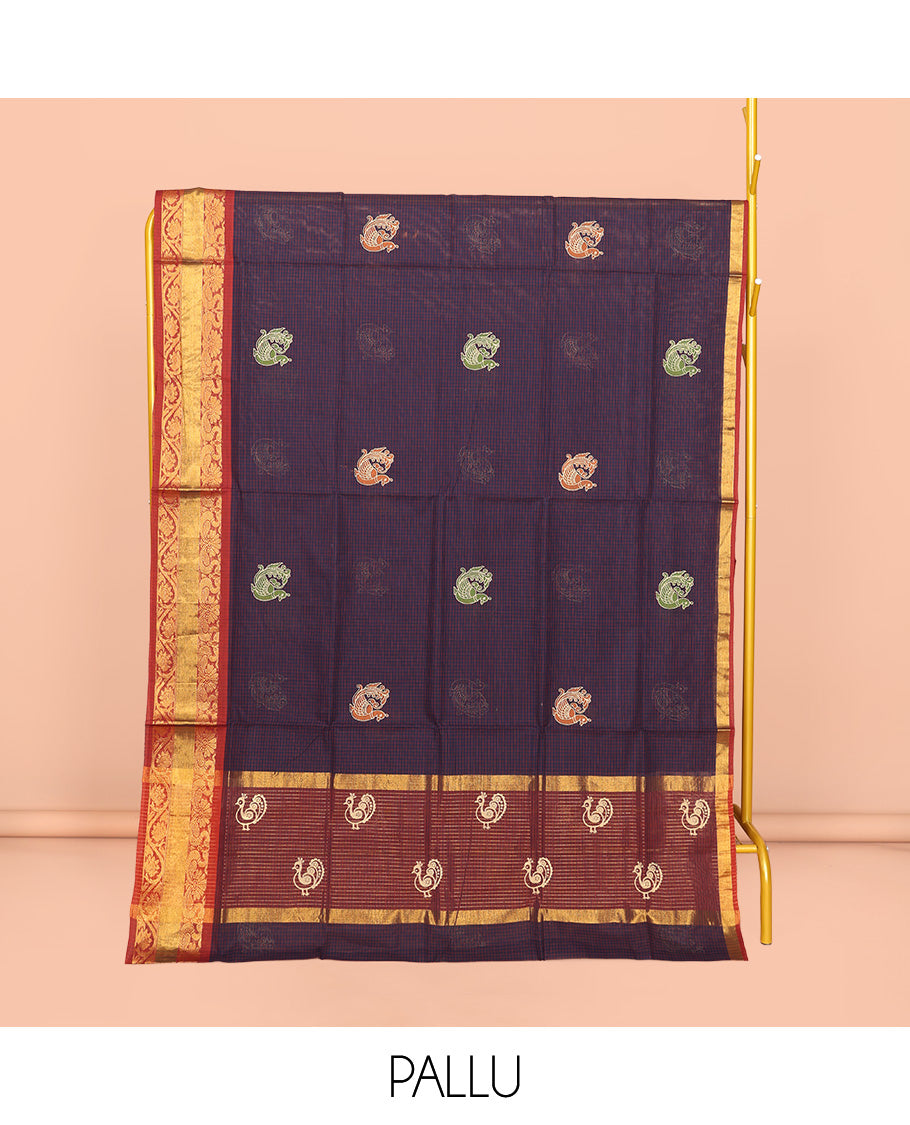 Navy Blue Venkatagiri Cotton Saree, Ornamented with Peacock Buttas and Checks, a Contrast Traditional Zari Border, Pallu of Stripes, and No Blouse
