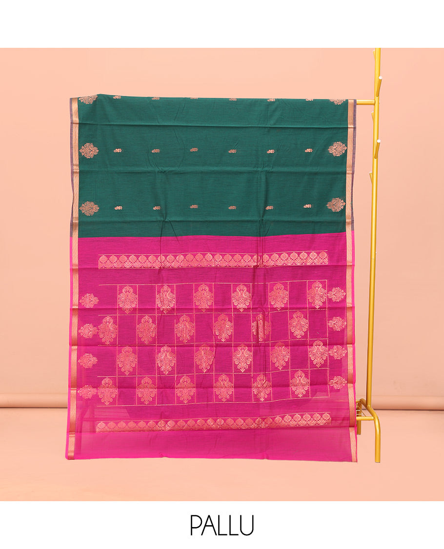 Bottle Green Semi-Silk Cotton Saree, Beautifully Bedecked with Zari Buttas All Over Its Body, a Subtle Piping Border, Complemented by a Contrast Pallu of Butta Enclosed Checked Designs, and Paired with a Contrast Blouse