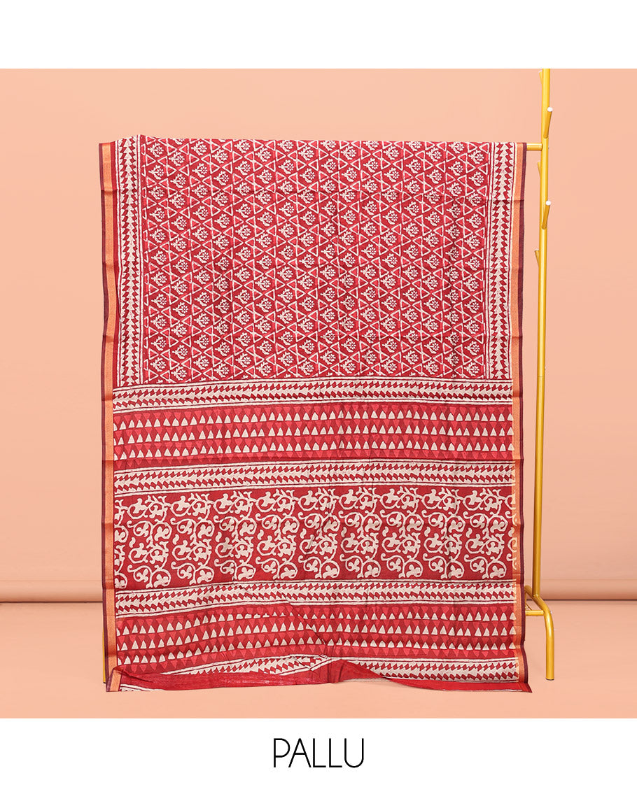 Red Kanchi Cotton Saree, Featuring Floral and Triangle Print All Over Its Body, a Subtle Border, Pallu of Floral Vine and Triangle Print, and Paired with a Contrast Blouse
