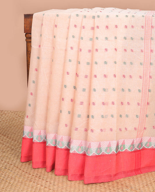 Beige motifs bengal cotton saree with contrast floral designb order & striped floral design pallu