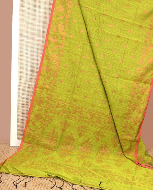 Lime green zari buttas Kadhi cotton saree, paithani-style floral-theme zari woven border & paithani-style motifs zari woven pallu