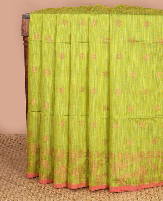 Lime green zari buttas Kadhi cotton saree, paithani-style floral-theme zari woven border & paithani-style motifs zari woven pallu