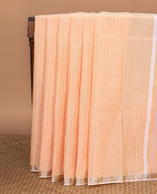 Orange striped jute cotton saree, zari border & striped pallu