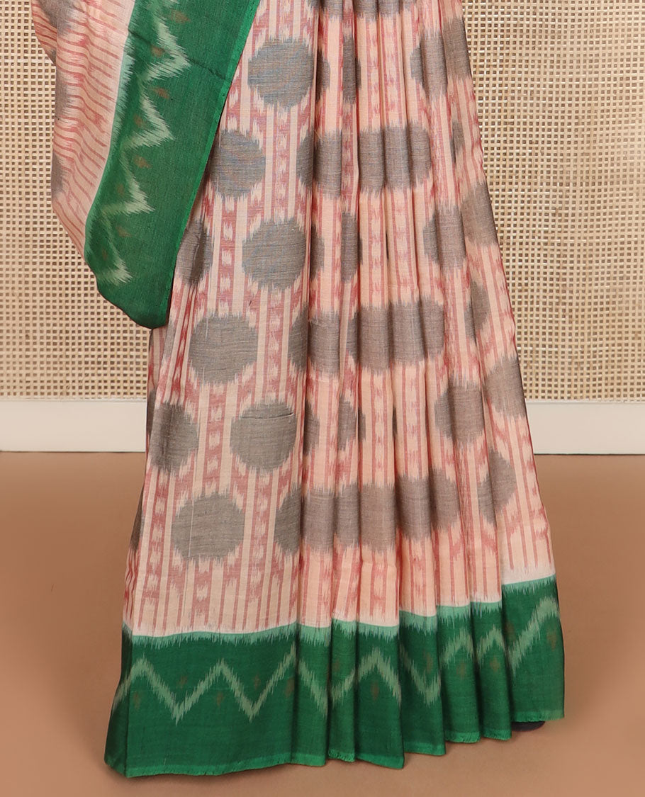 Sandal stripes & polka dots pochampally cotton saree, contrast chevron design border & diamond patterned pallu