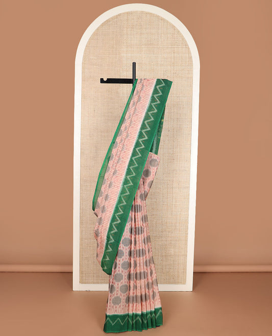 Sandal stripes & polka dots pochampally cotton saree, contrast chevron design border & diamond patterned pallu