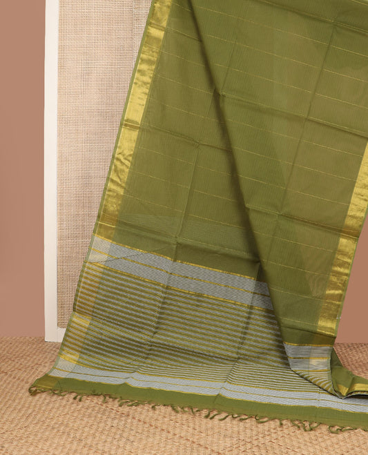 Olive green striped jute cotton saree, sparkling zari woven border & striped pallu
