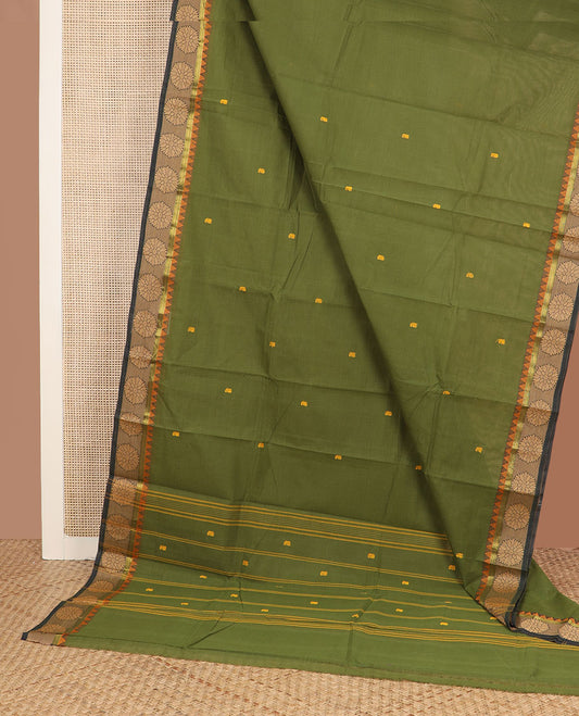 Green buttas Chettinad cotton saree, contrast chakram motifs temple border & pallu of stripes & buttas