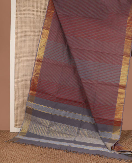 Brown thread vertical striped jute cotton saree, zari border and zari striped pallu