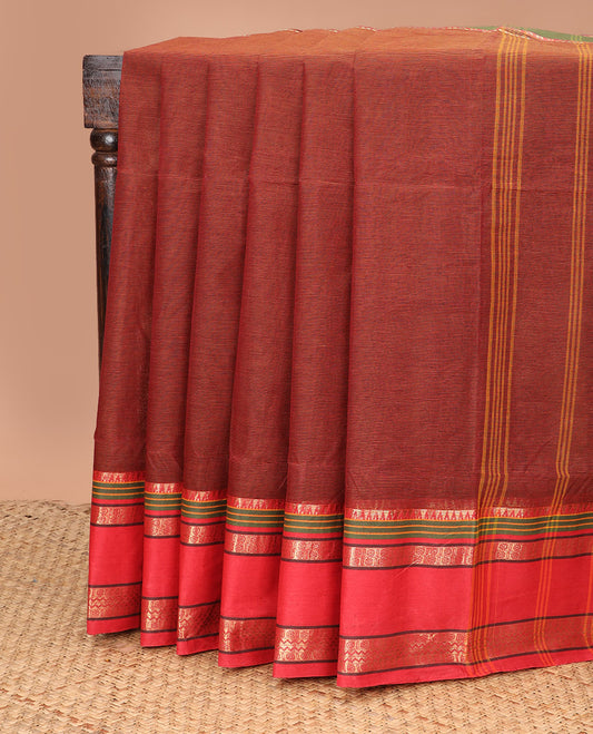Red plain Bengal cotton saree, contrast rettai pettu ganga jamuna rettai pettu border, and pallu of stripes