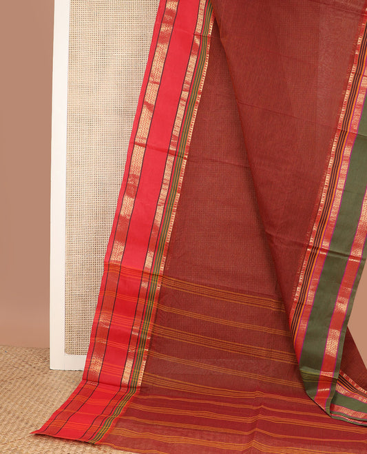 Red plain Bengal cotton saree, contrast rettai pettu ganga jamuna rettai pettu border, and pallu of stripes
