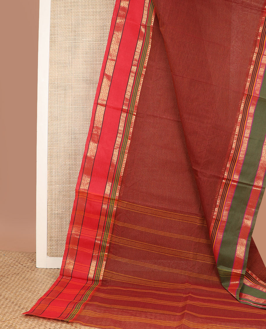Red plain Bengal cotton saree, contrast rettai pettu ganga jamuna rettai pettu border, and pallu of stripes