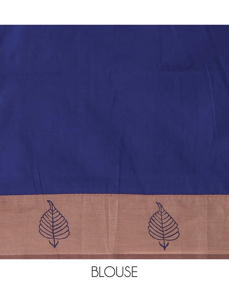 Brown leaf buttas block printed poly cotton saree, contrast floral printed border, and pallu of butta enclosed jaal design