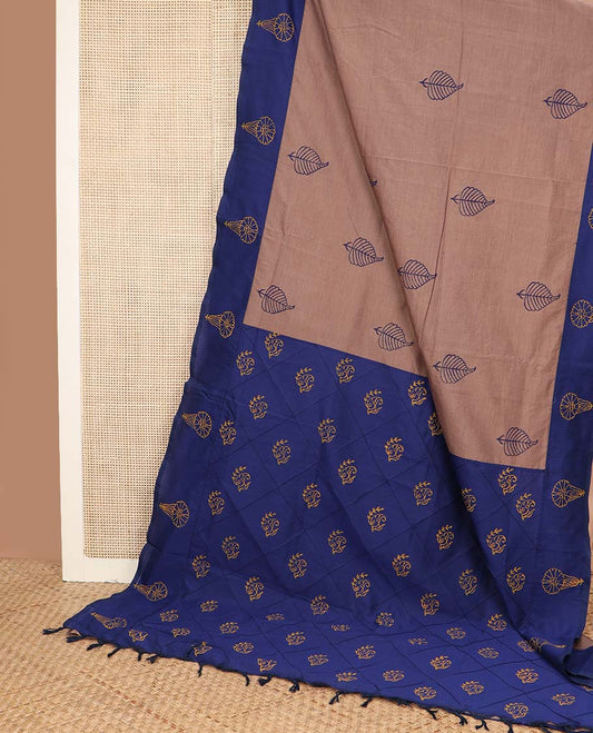 Brown leaf buttas block printed poly cotton saree, contrast floral printed border, and pallu of butta enclosed jaal design