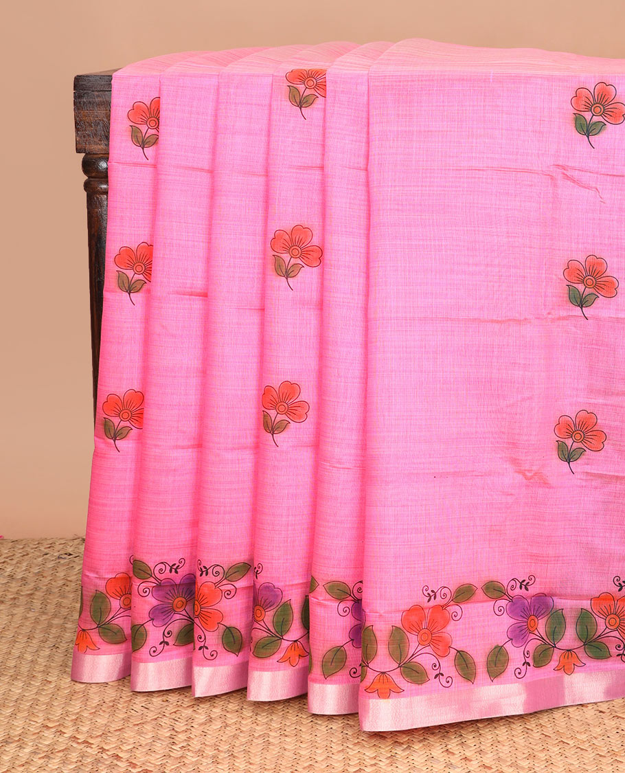 Pink floral buttas printed chirala cotton saree, bavanji border, and contrast floral print pallu