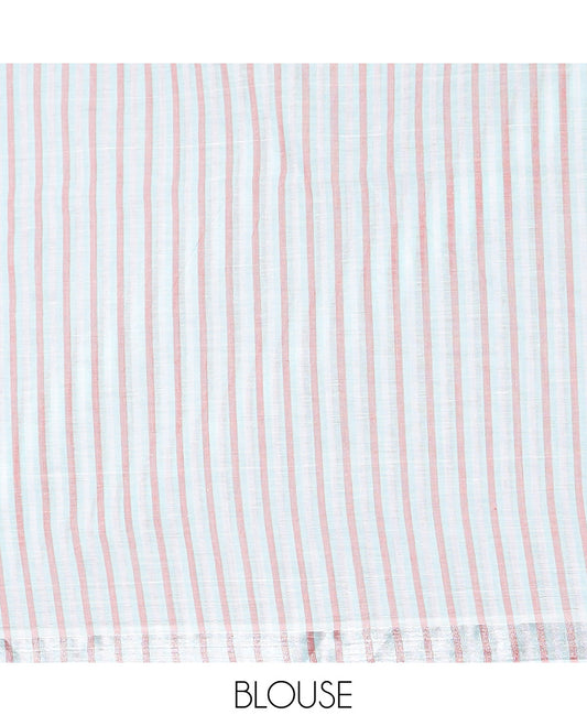 Pastel green striped jute cotton saree, zari border, and striped pallu