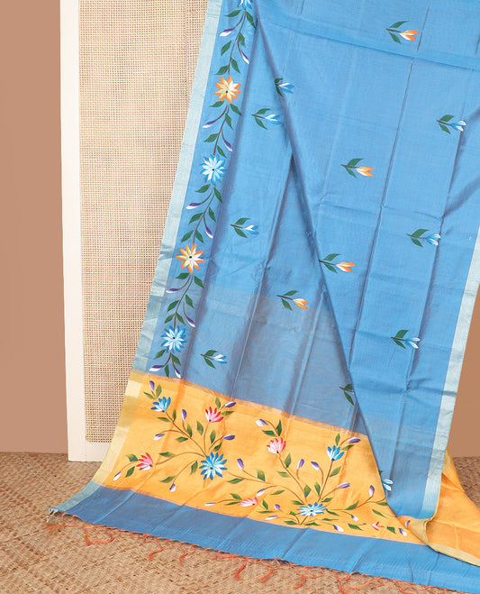 Blue hand brush painting style floral printed chirala cotton saree, plain border, and contrast floral printed pallu