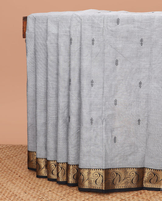 Grey thread buttas Chettinad cotton saree, contrast temple zari black border of paisleys, and striped pallu