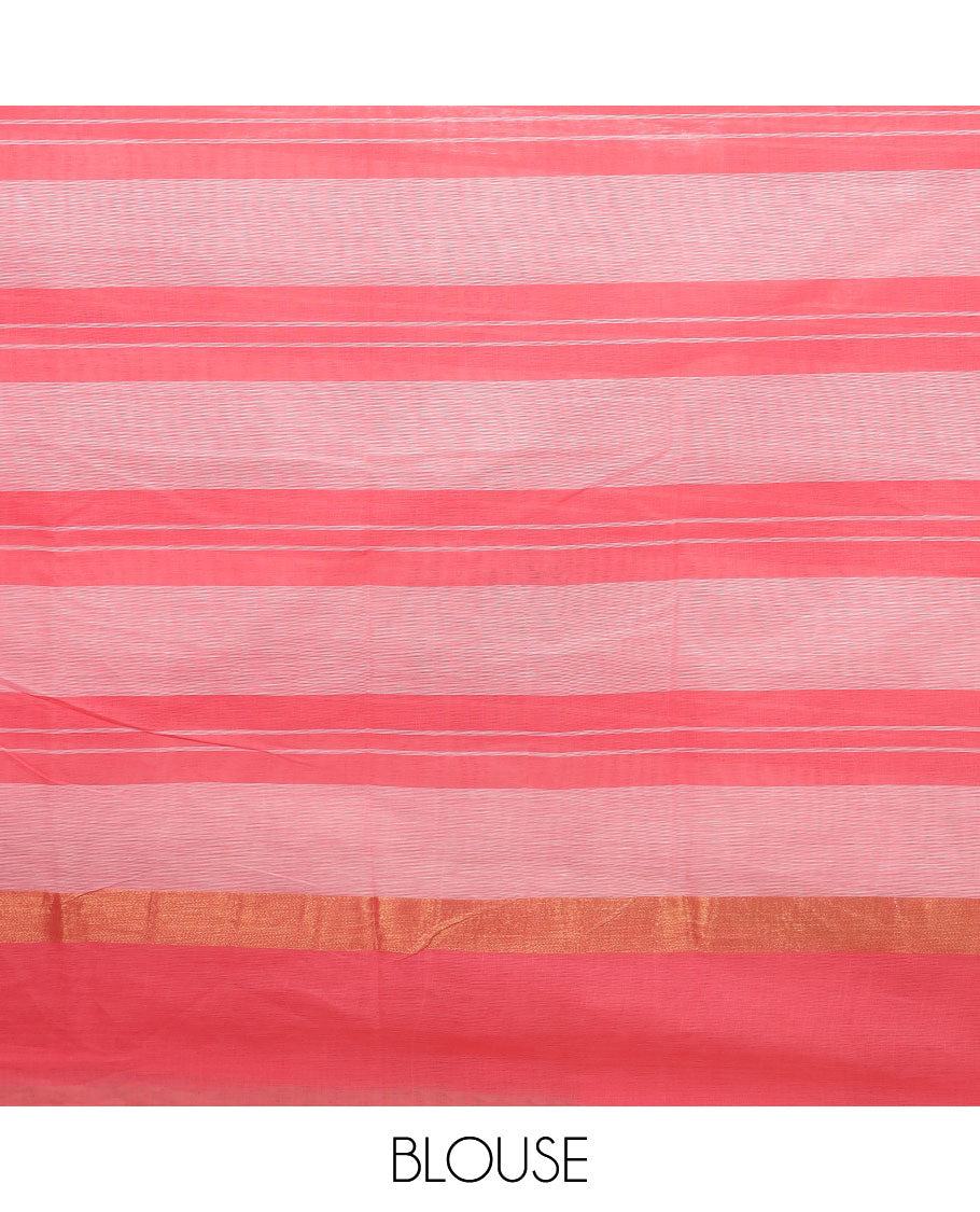 Cream checked with block printed buttas chirala cotton saree, elephant motifs printed border, and elephant motifs printed pallu