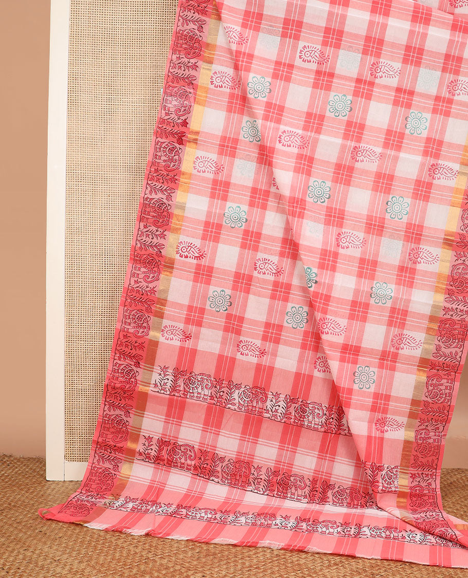 Cream checked with block printed buttas chirala cotton saree, elephant motifs printed border, and elephant motifs printed pallu