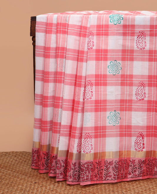 Cream checked with block printed buttas chirala cotton saree, elephant motifs printed border, and elephant motifs printed pallu