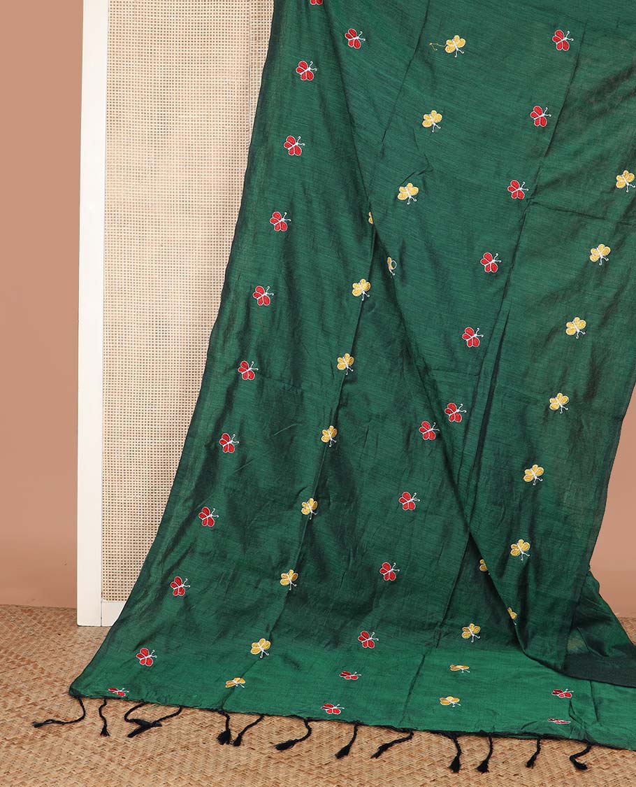 Green Khadi Cotton Saree Artfully Detailed with Colorful Butterfly Embroidery, Pallu Beautifully Decked Up with Butterfly Embroidery, and Paired with a Matching Blouse