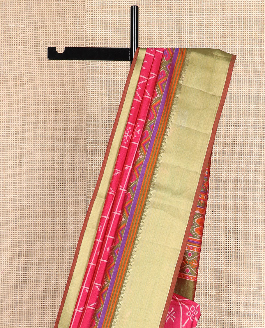 Pink butta enclosed checked semi-banaras patola silk saree, contrast zari border of ikkat design, and pallu steeped with geometric patterns