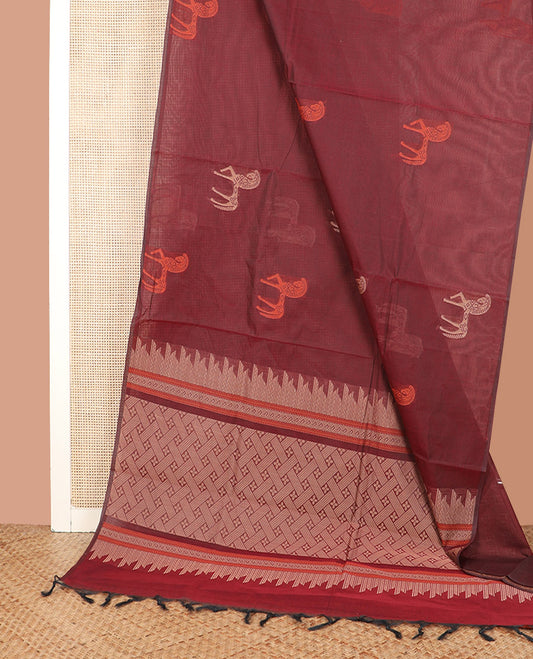 Borderless Maroon Coimbatore Cotton Saree Subtly Sparkled with Horse Motifs All Over Its Body, Subtly Woven Pallu of Geometric Patterns, and Paired with a Matching Blouse