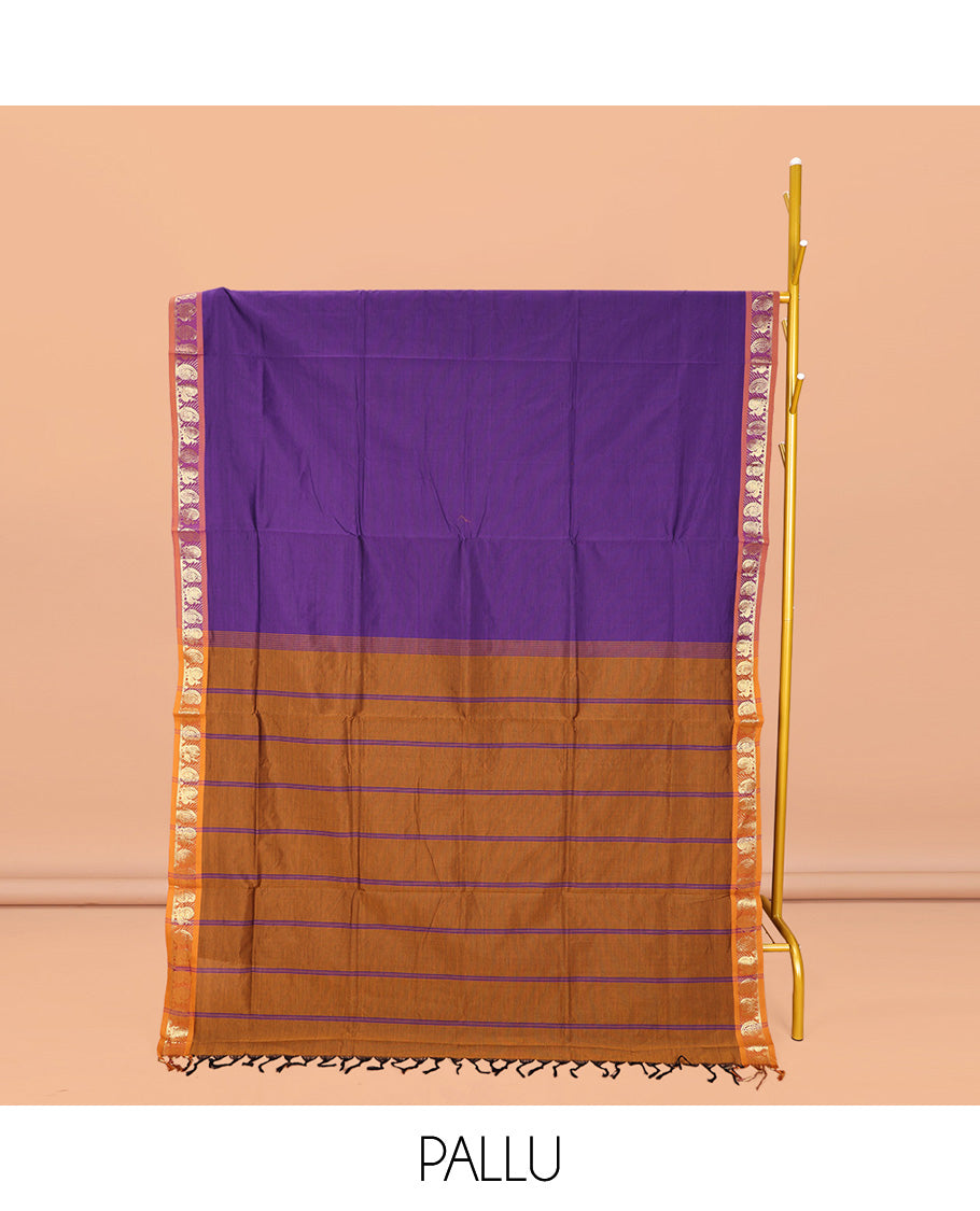 Violet Plain Poly Cotton Saree, Complemented by a Contrast Zari Peacock-Paisley Design Border, Contrast Striped Pallu, and Paired with a Contrast Blouse