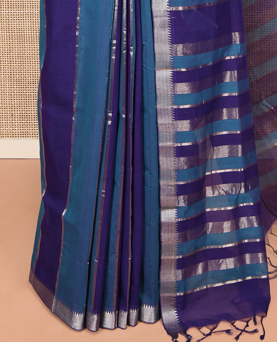 Royal Blue-Blue Mangalgiri Cotton Saree, Gleamed Up with Stripes on Its Body, Highlighted by Zari Temple Border, Zari-Striped Pallu, and Paired with a Matching Blouse