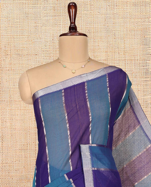 Royal Blue-Blue Mangalgiri Cotton Saree, Gleamed Up with Stripes on Its Body, Highlighted by Zari Temple Border, Zari-Striped Pallu, and Paired with a Matching Blouse