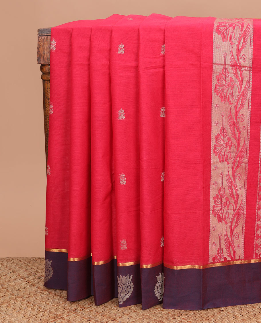 Red buttas kanchi cotton saree, contrast border, and pallu of floral designs