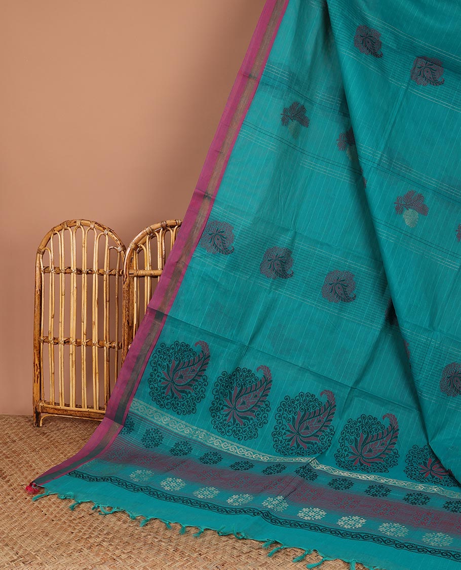 Peach-striped Coimbatore cotton saree with buttas, contrast plain border & paisley design pallu