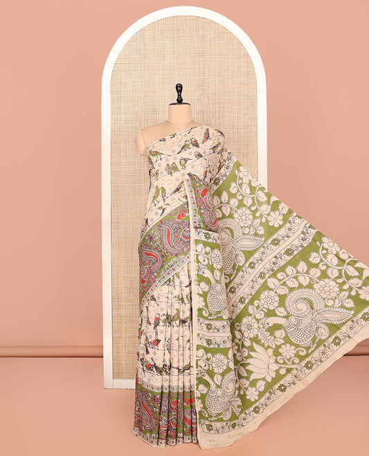 Sandal Kalamkari Cotton Saree, Finely Crafted with Bird Motifs Print, Contrast Peacock Border, Pallu of Peacock Print, and a Matching Blouse