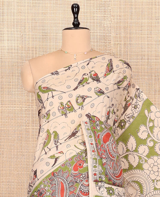 Sandal Kalamkari Cotton Saree, Finely Crafted with Bird Motifs Print, Contrast Peacock Border, Pallu of Peacock Print, and a Matching Blouse